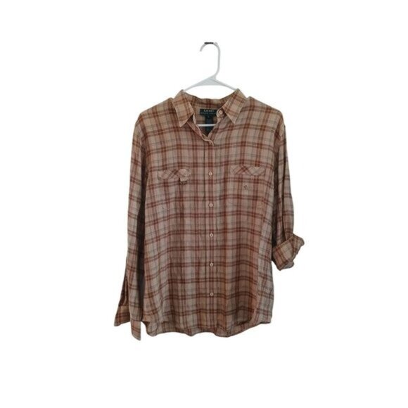 LRL Ralph Lauren 100% Linen Plaid Shirt Button Down Western Cottagecore Preppy M - Picture 1 of 7